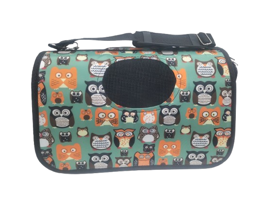 حامل قطط قماش بفتحه جانبية (لون اخضر مع رسومات) 