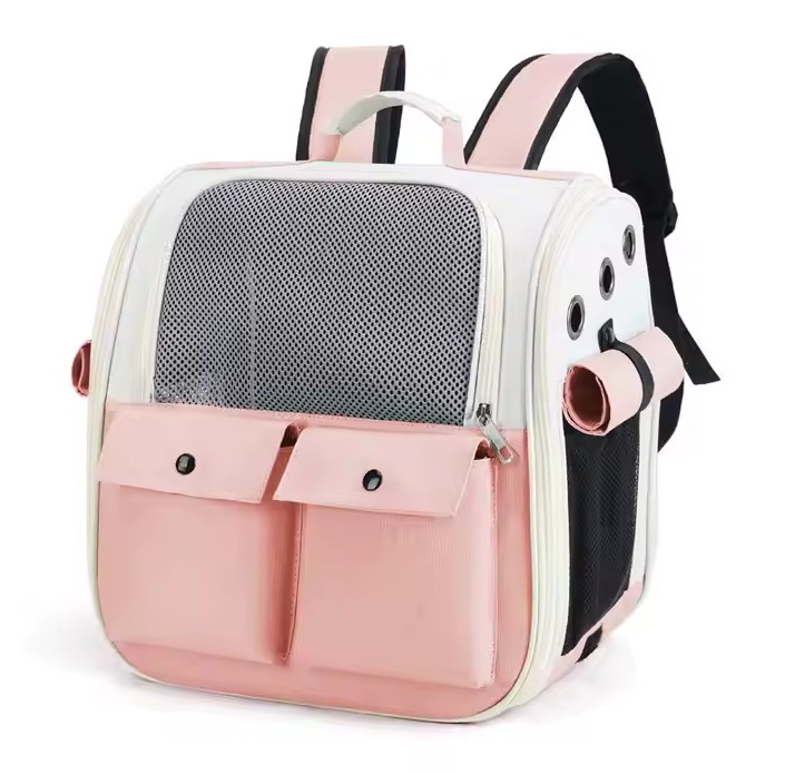 شنطة ظهر حاملة قطط بجيبين اضافية (لون وردي)